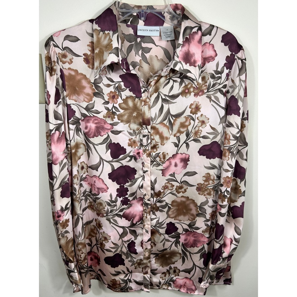 VTG Jaclyn Smith Floral‎ Button Down Satin Top Women's 14 Ruffle Sleeves Cottage